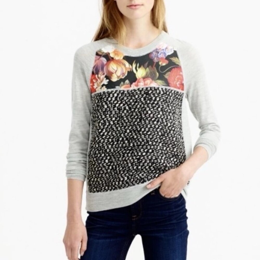 J. Crew Merino Wool Sweater Sz XS Silk Floral Panel Long Sleeves Preppy Classic